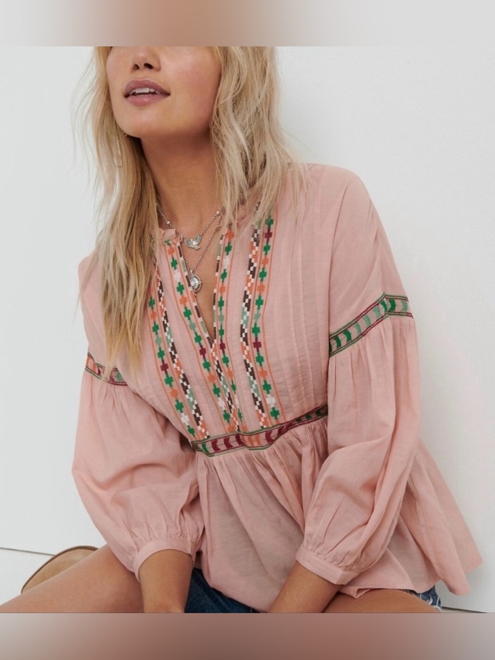 Lucky Brand Embroidered Peasant Top Bohemian Boho Blouse Size S